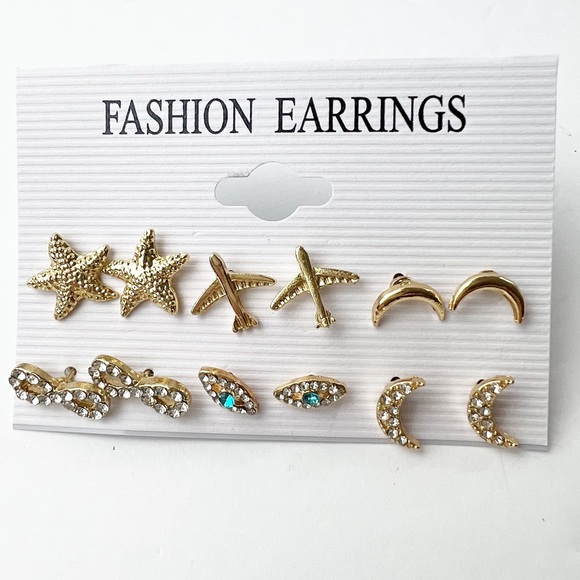 Jewelry - Gold & Rhinestone Starfish Planes Moon Infinity Evil Eye Stud Fashion Earrings